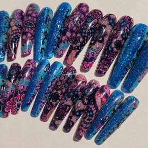 Blue Shimmer and Purple Mystique Abstract Distressed Design Xl Ballerina Nails